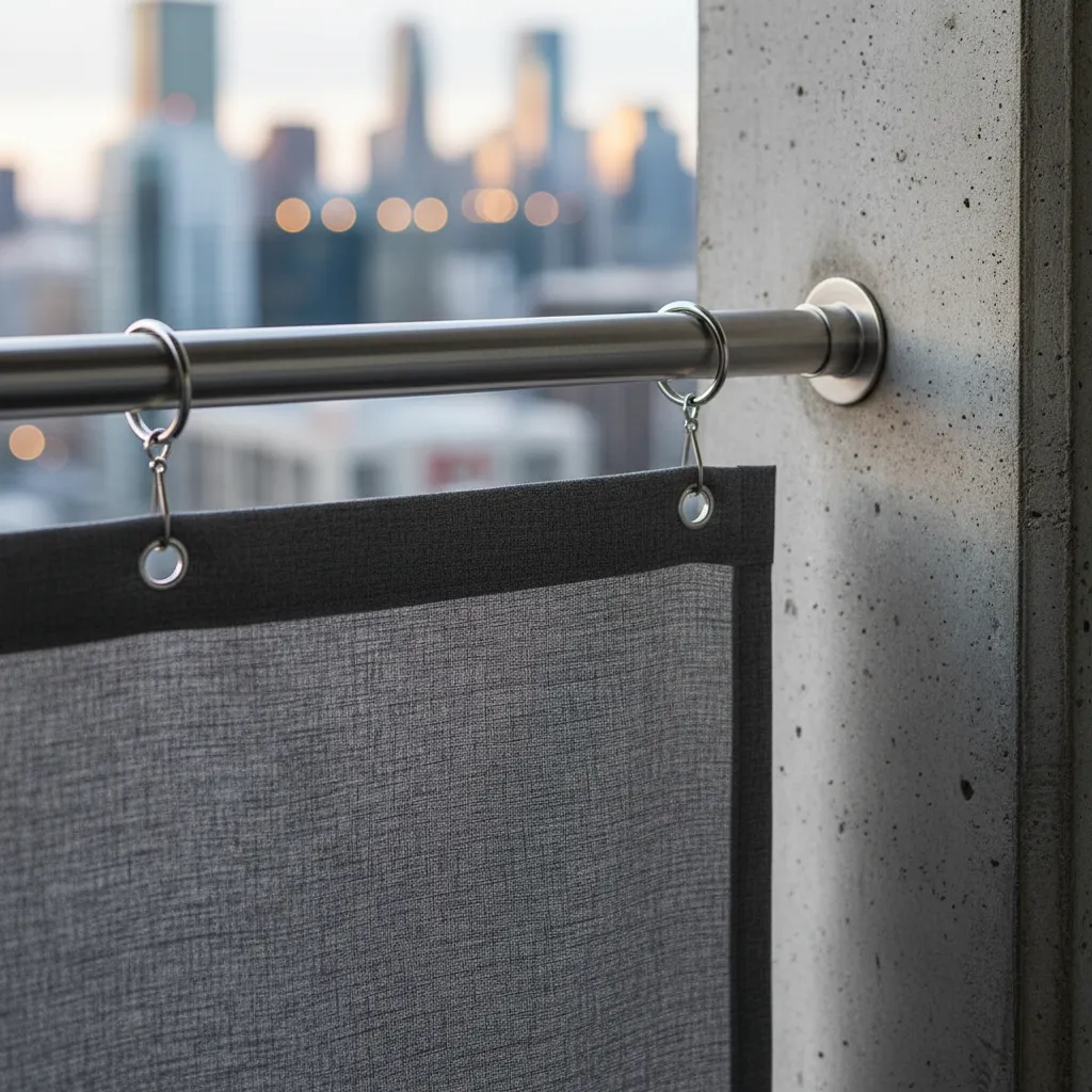 Close-up of a stainless steel tension rod and grey outdoor fabric.