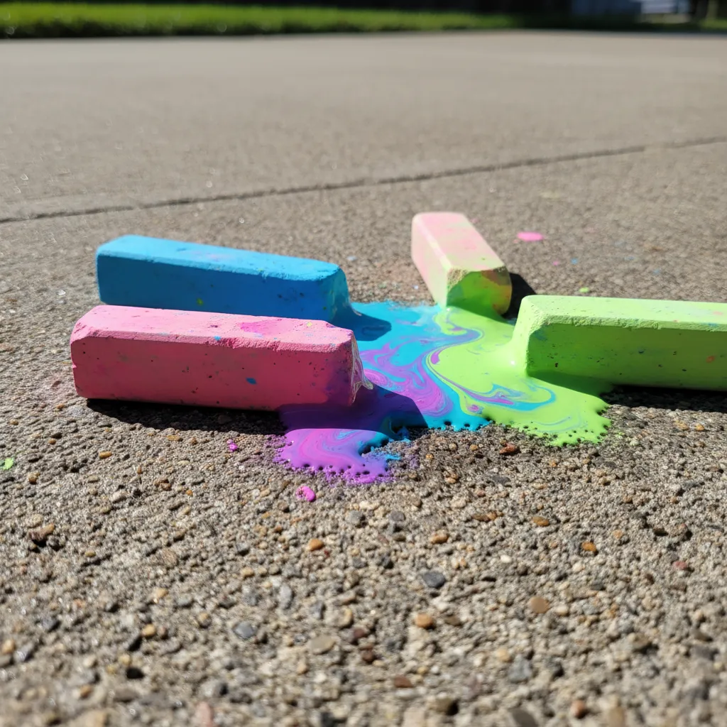 Close up of wet neon sidewalk chalk showing creamy paint-like texture on concrete