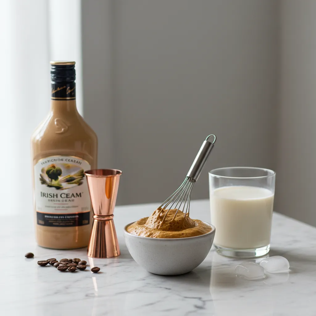Ingredients for whipped coffee cocktail arranged on marble counter