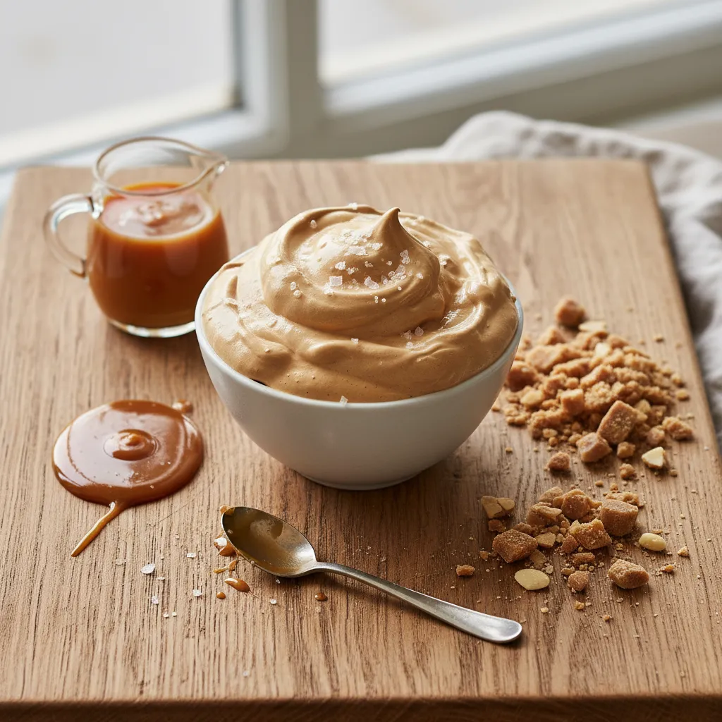 Ingredients for salted caramel whipped coffee arranged on a wooden board