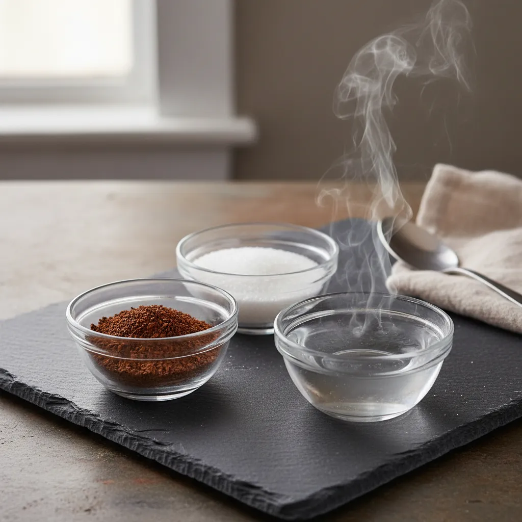 Three ingredient bowls showing the 1:1:1 ratio for whipped coffee on a slate counter