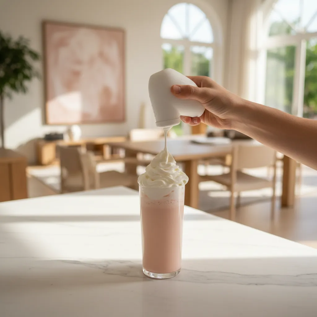 Overhead view of whipped cream topping on a strawberry drink showing texture