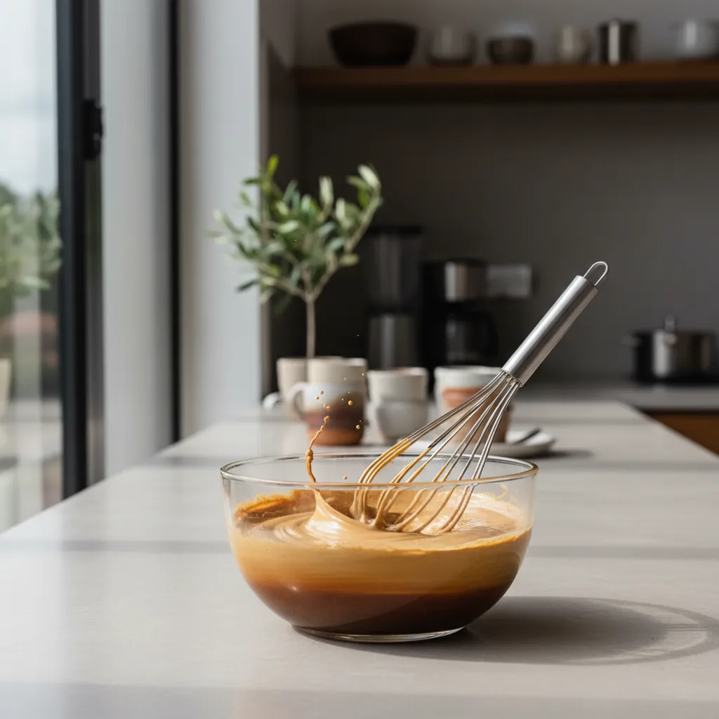 Whisk creating peaks in golden brown coffee foam