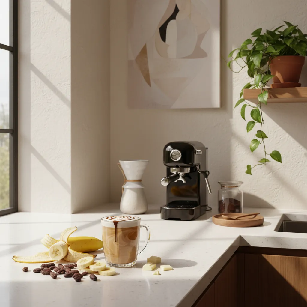 White chocolate banana mocha coffee drink styled on a luxury quartz countertop