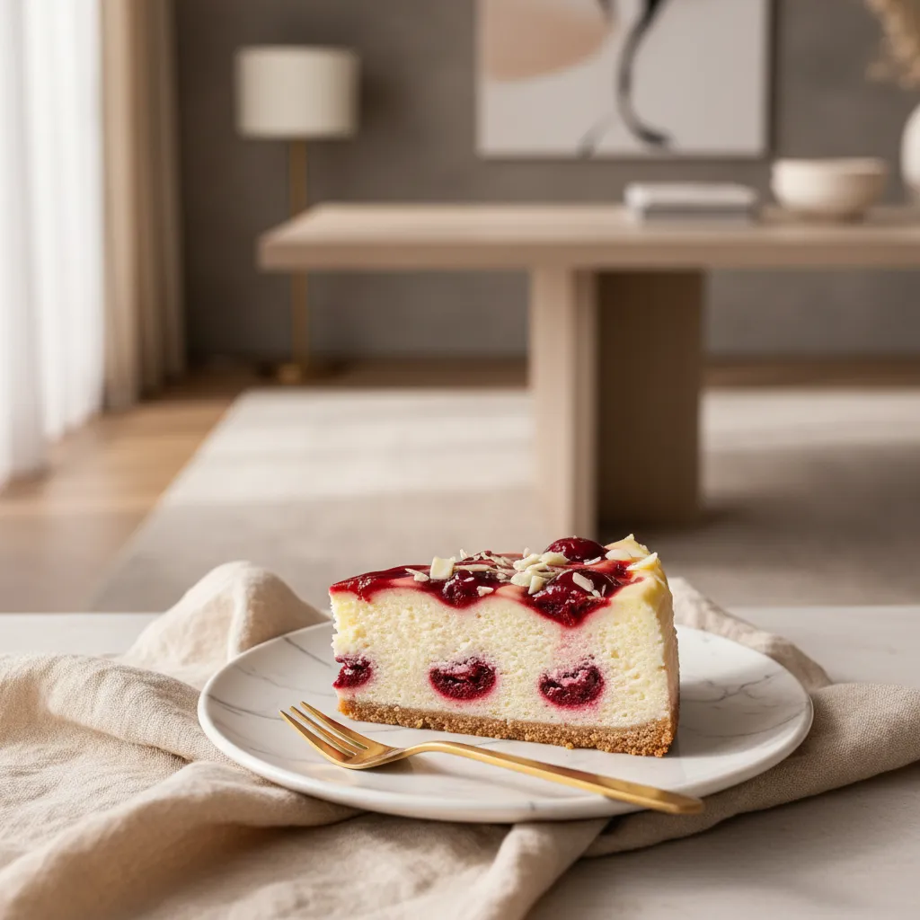 Decadent white chocolate cherry cheesecake slice with artistic red swirls on a luxury marble plate