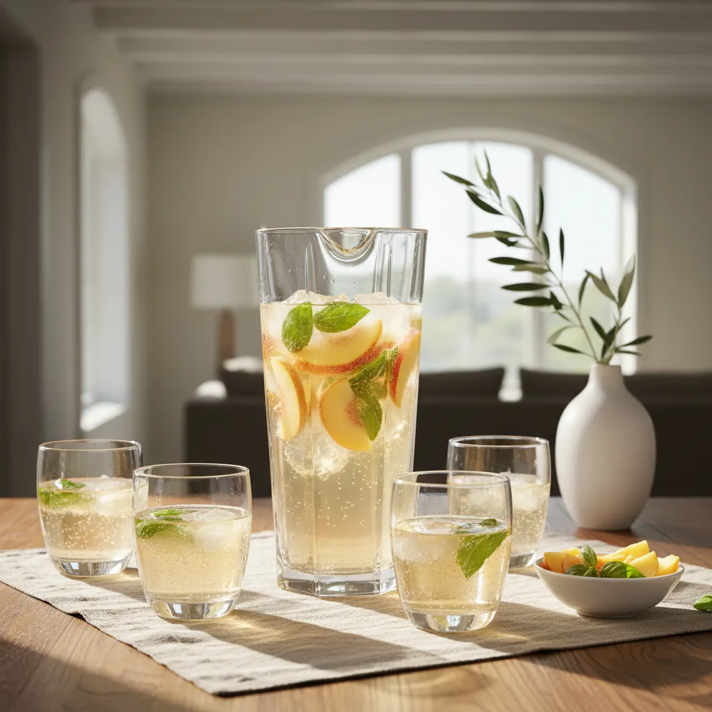 Sparkling white peach and basil sangria in a crystal pitcher on a linen table