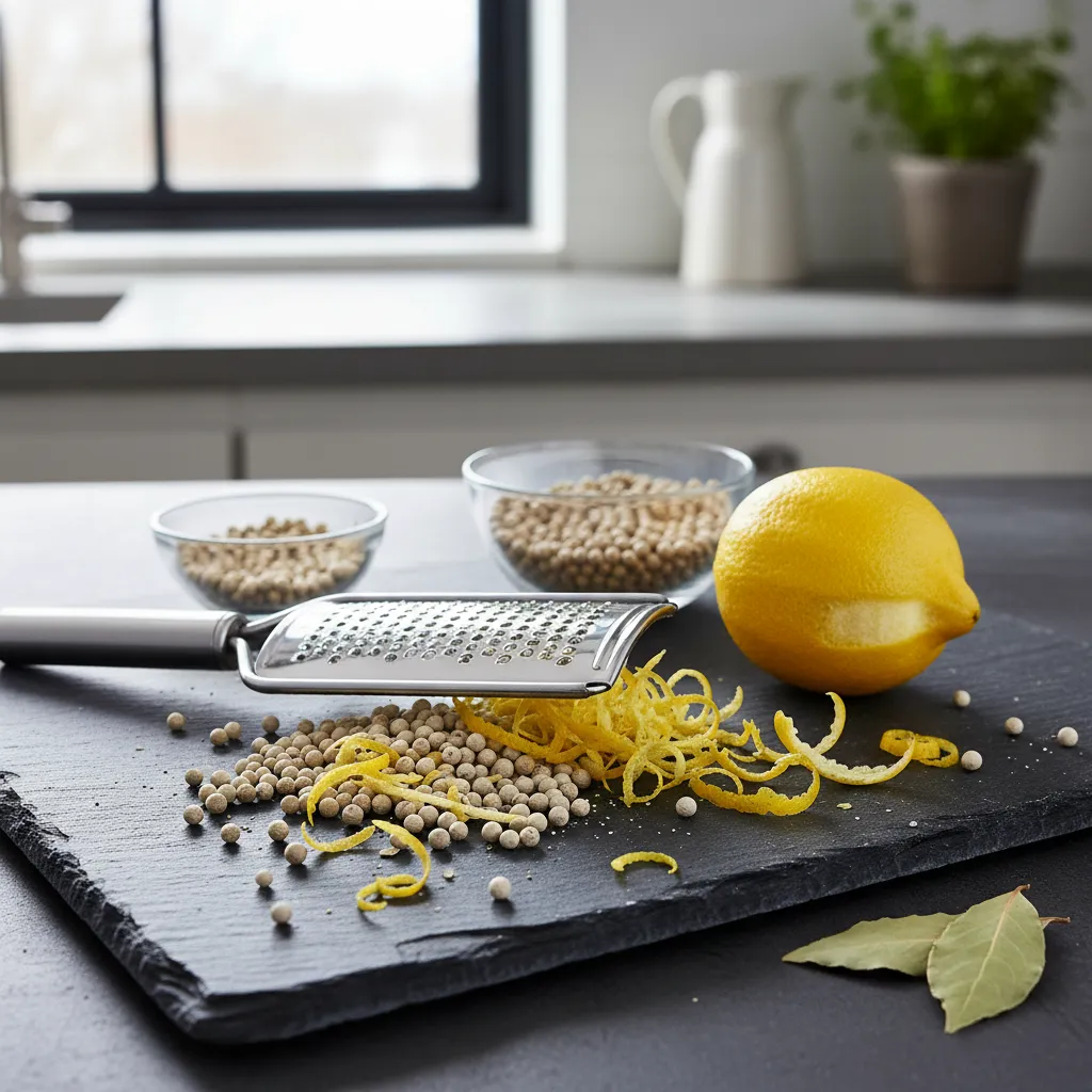 Close up detail of white peppercorns and fresh lemon zest for mocktail preparation