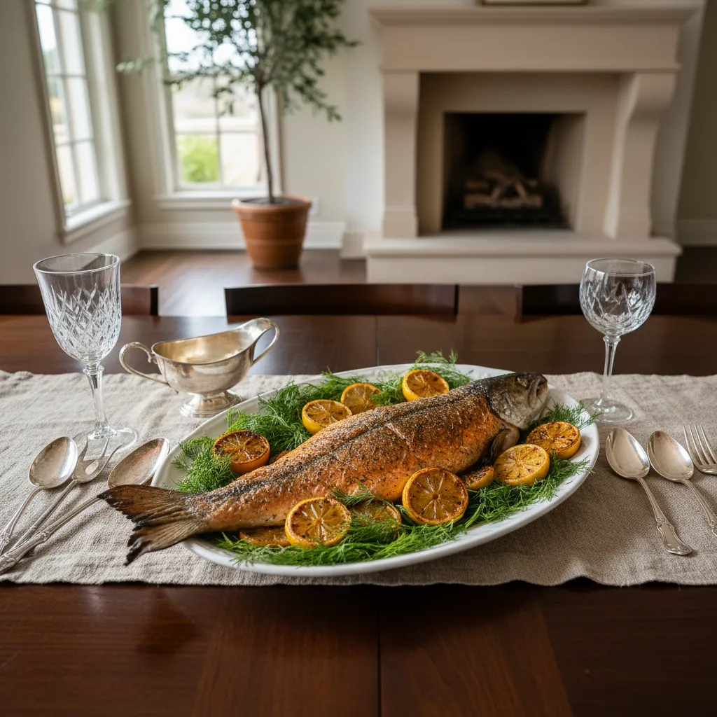 Whole roasted salmon with lemon and dill on a white platter served on a linen runner for Easter