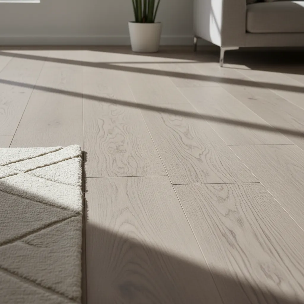 Close up of modern wide-plank engineered wood flooring with matte finish