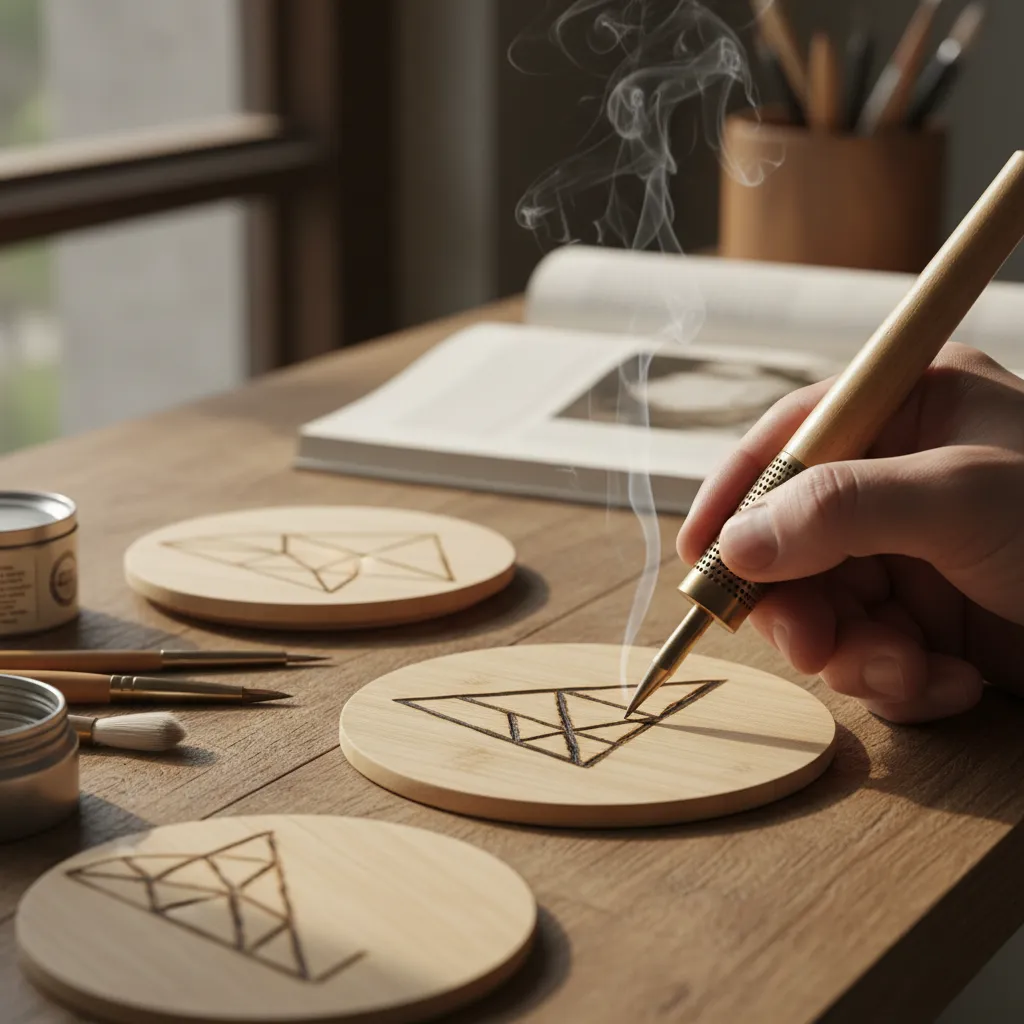 Burning geometric patterns on a bamboo coaster