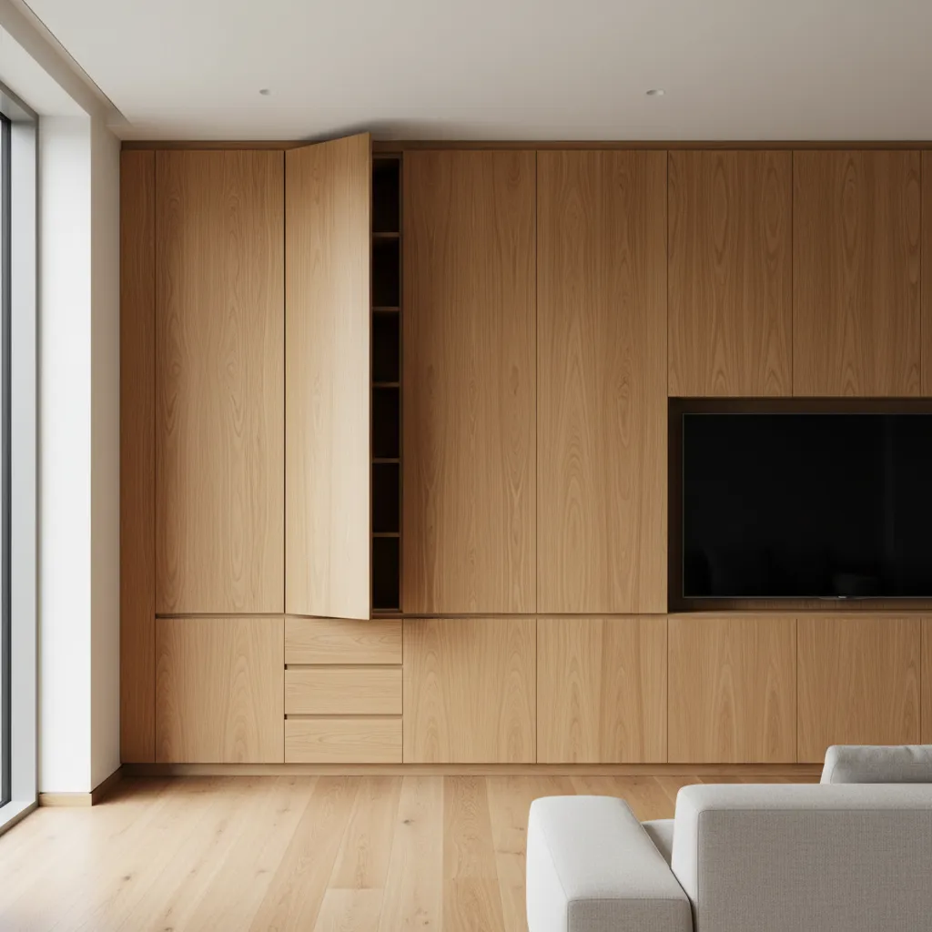 Warm oak wood veneer cabinets with seamless design