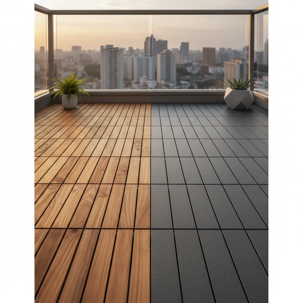Comparison of wood and composite interlocking balcony tiles
