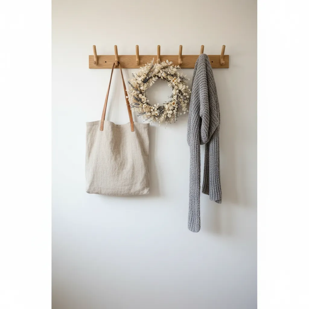 wooden peg rail with linen bag and scarf on white wall
