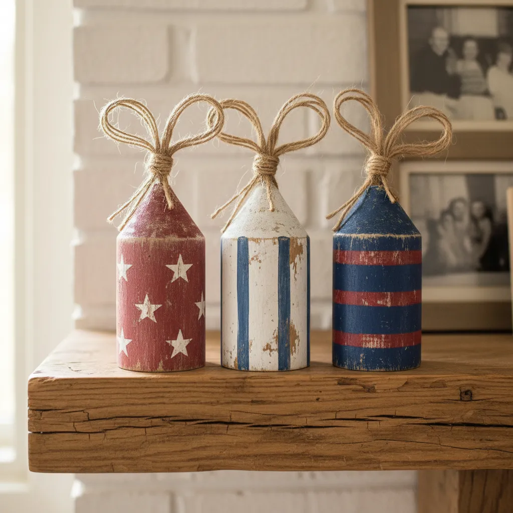 Upcycled wooden spindles painted as firecrackers on a rustic mantel