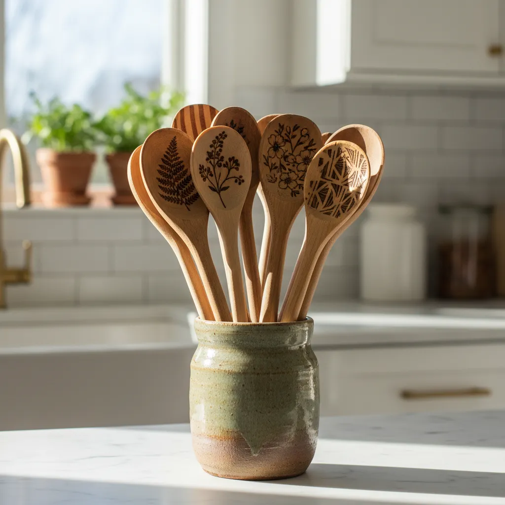 A collection of different wooden spoons showcasing natural textures and grains.