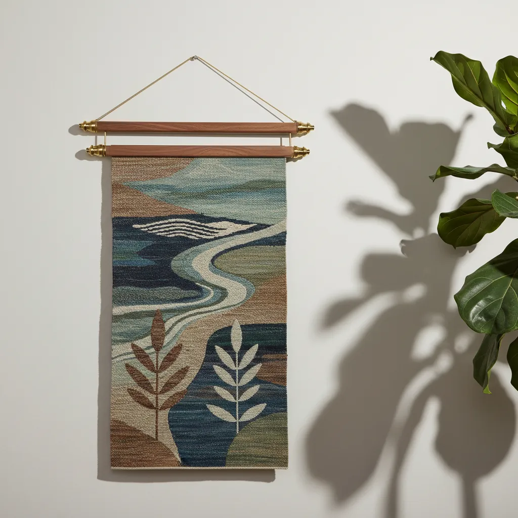 Wooden quilt hanger with brass details displaying a fabric tapestry
