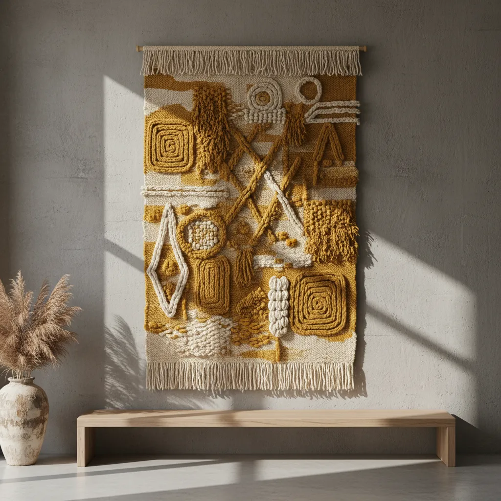 A heavy textured wool decorative tapestry hanging on a minimalist wall in a sunlit room for acoustic dampening.