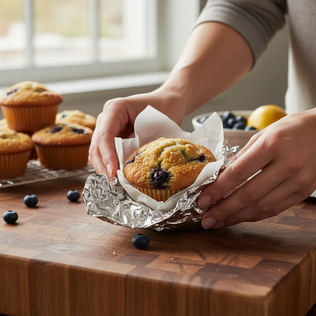 Hands wrapping a blueberry muffin in parchment and foil for freezing