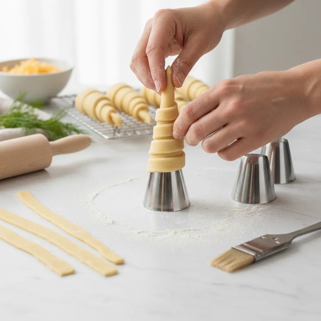 Unbaked puff pastry strips being spiraled around metal cone molds to form carrot shapes