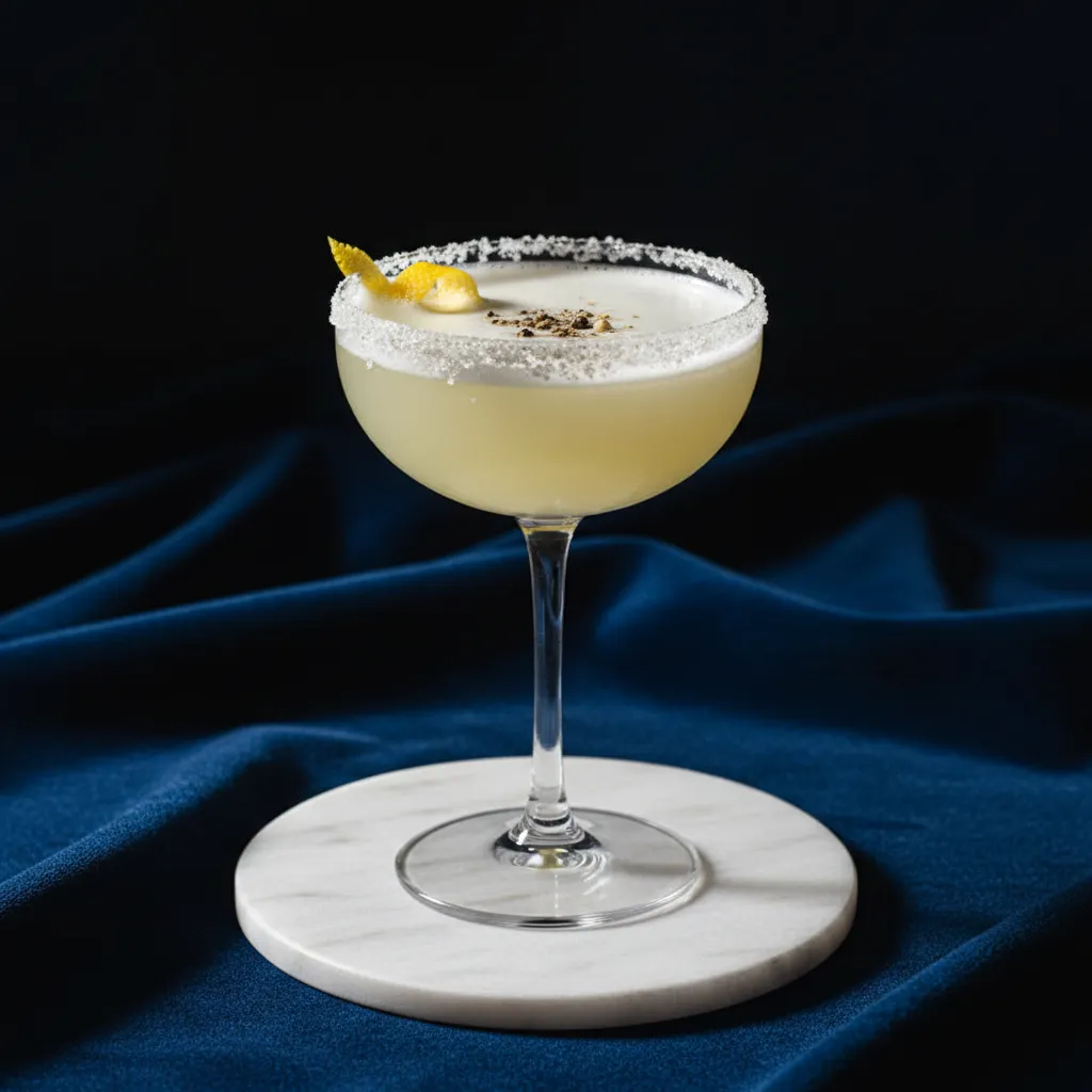 Crystal coupe glass with non alcoholic lemon drop drink and white pepper sugar rim on marble surface