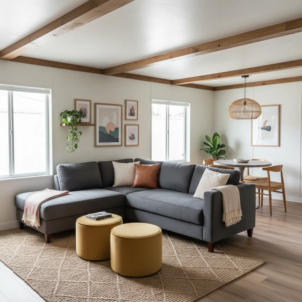 Open concept living room using furniture and rugs to define separate zones