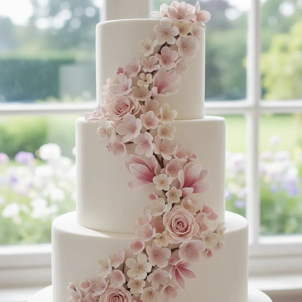 Close up of tiered cake with delicate 3D fondant spring floral appliques