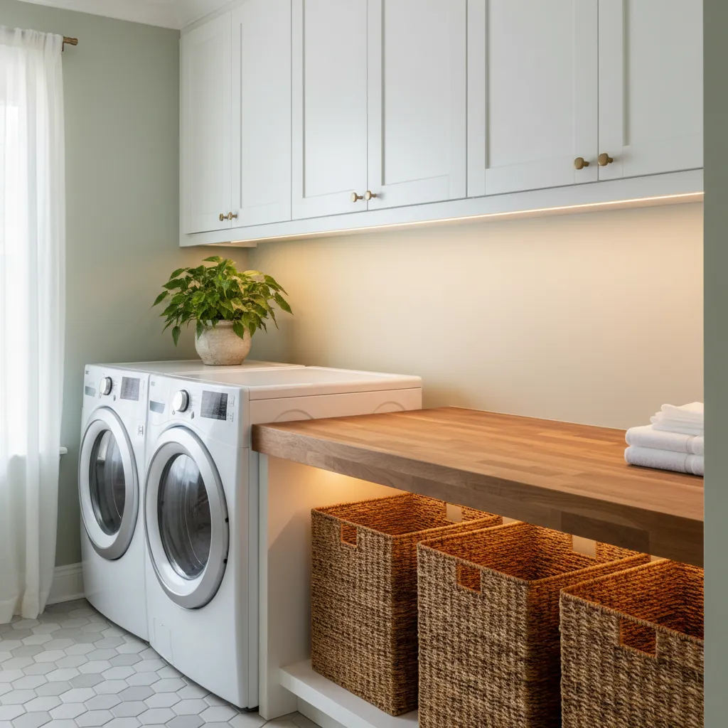 Beautiful butcher block folding station next to a top loading washing machine in a bright laundry room