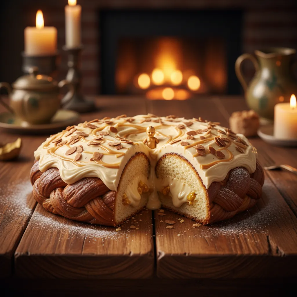 Velvety amaretto almond cream cheese filling inside a freshly baked King Cake on a wooden table