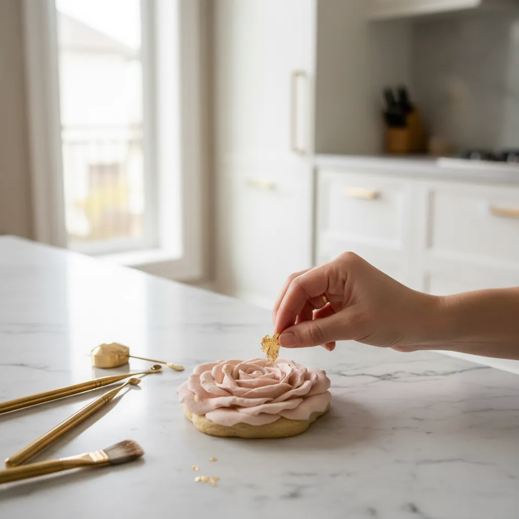 Applying delicate edible gold leaf to a pink floral cookie on a marble counter