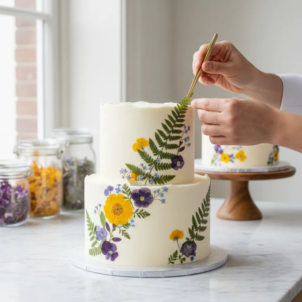 Tweezers placing a dried fern leaf onto white cake frosting for a precise botanical design