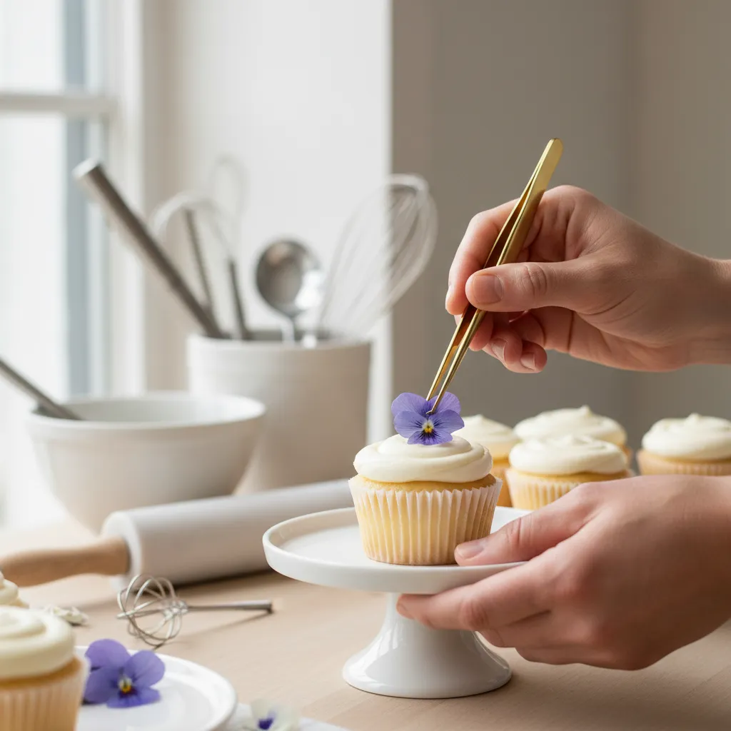 Chef using tweezers to decorate cupcakes with pressed flowers