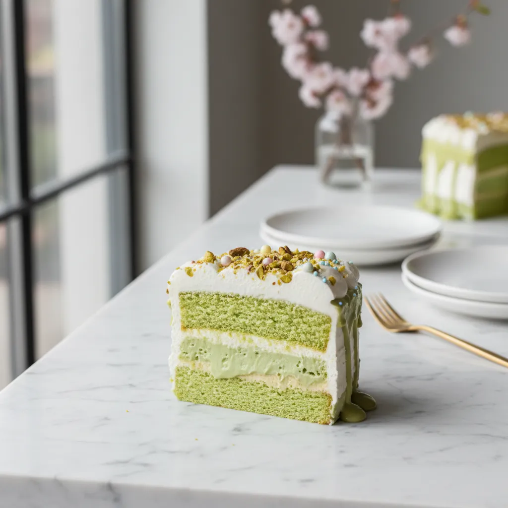 Sliced pistachio poke cake showing perfect pudding layers on a marble counter