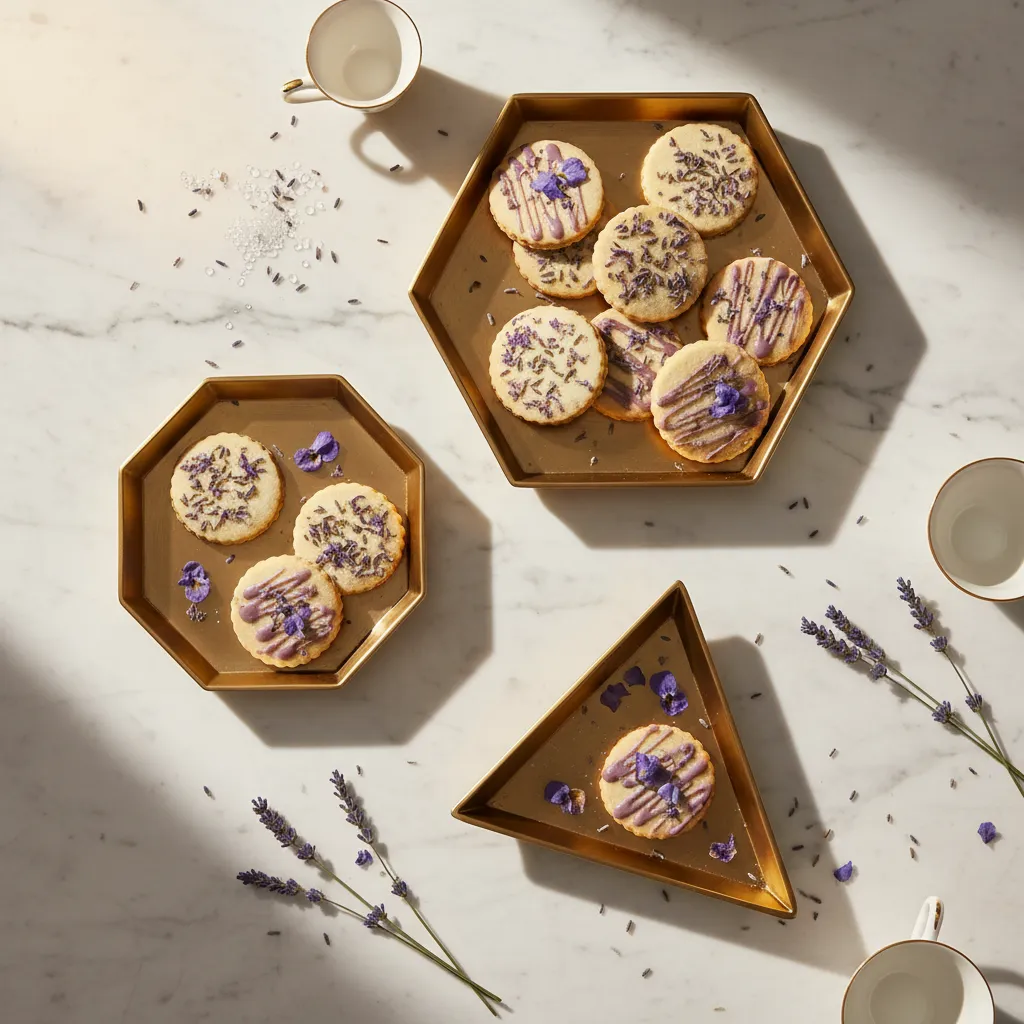 Top-down view of lavender shortbread cookies arranged on geometric metallic trays