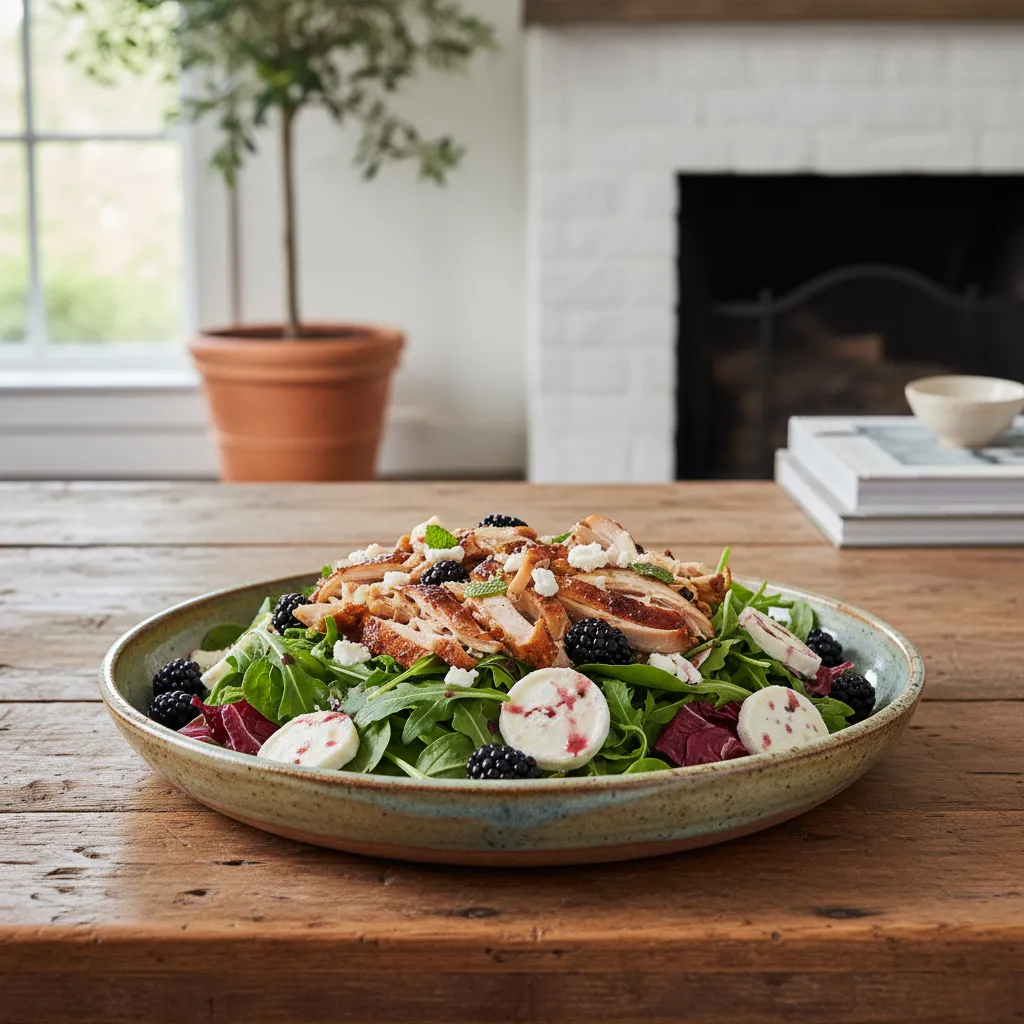 Close up of layered summer salad in a serving bowl
