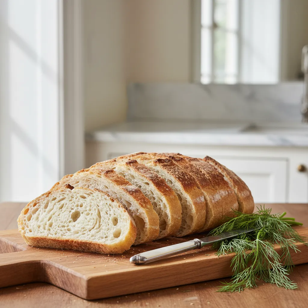 Artisanal white bread and fresh dill on a wooden cutting board