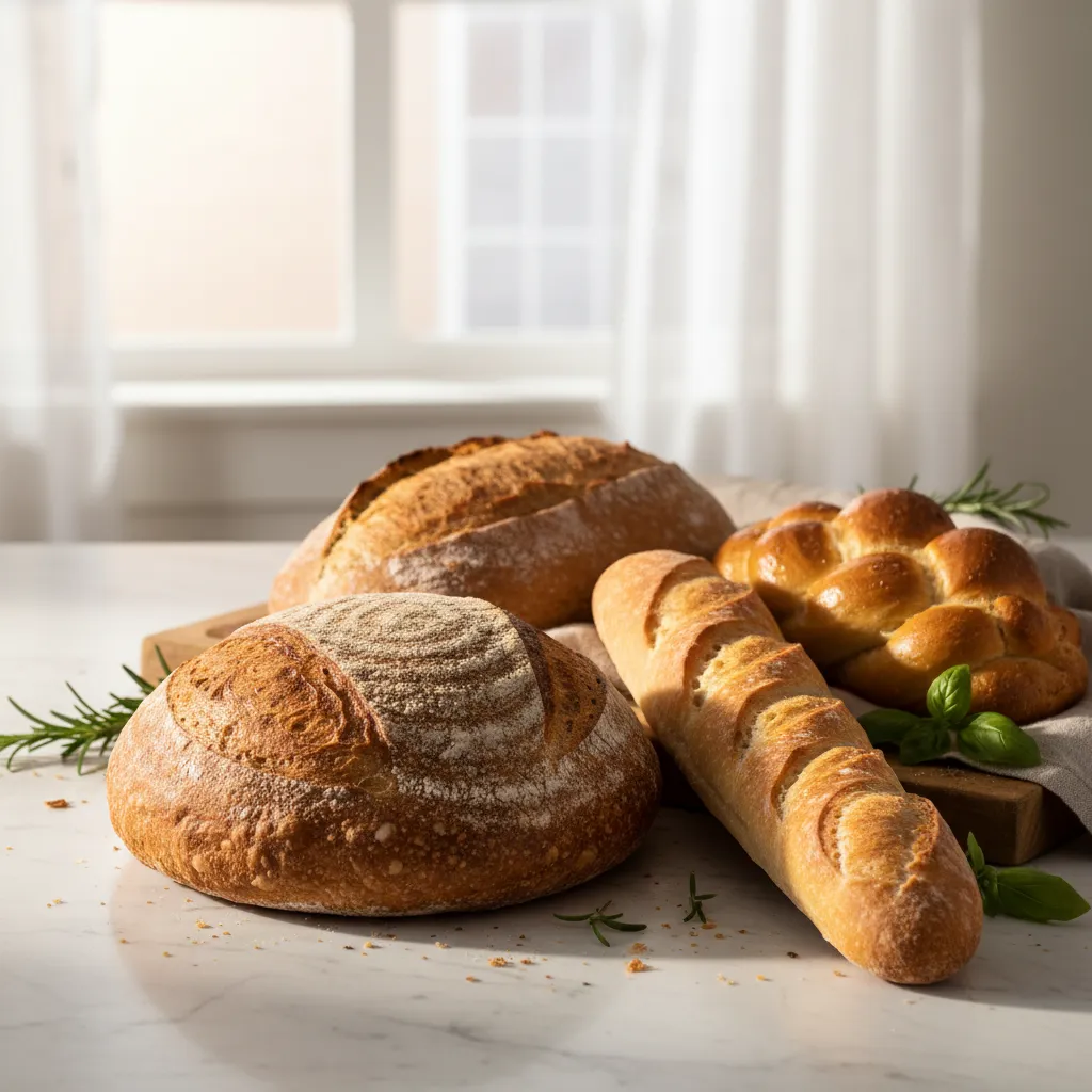 Different types of bread loaves on a marble counter