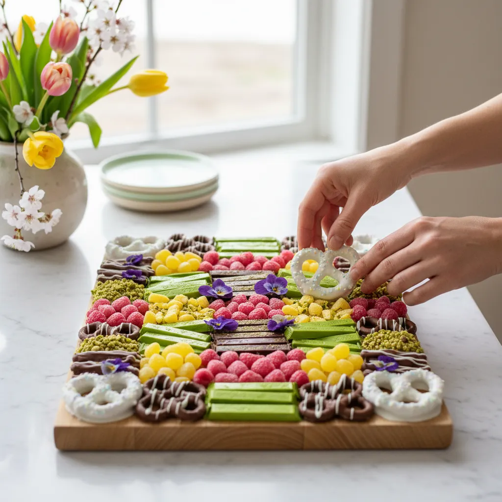 Styling a dessert board by interlocking pretzels and candies to remove gaps