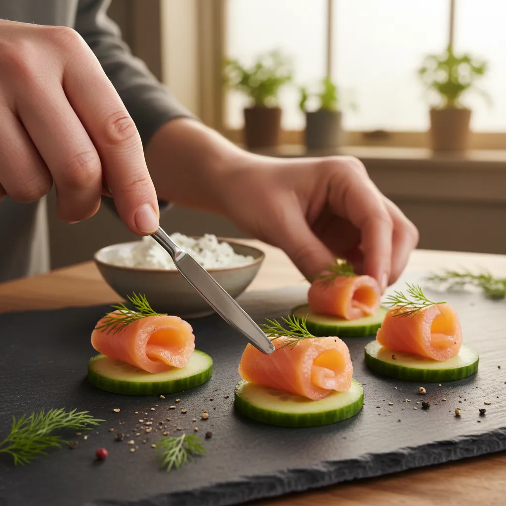 Preparing smoked salmon and cucumber appetizers on a dark slate kitchen counter