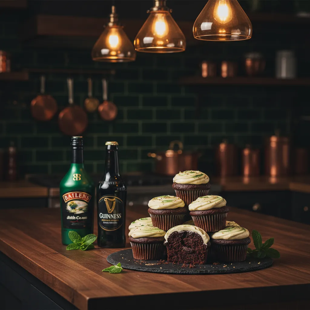 Elegant dark chocolate cupcakes with Baileys frosting on a kitchen island
