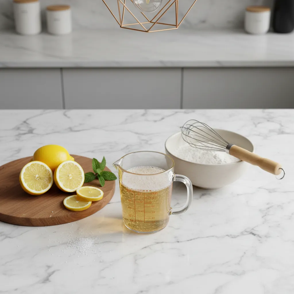 Baking ingredients including sparkling cider and lemons on a marble counter