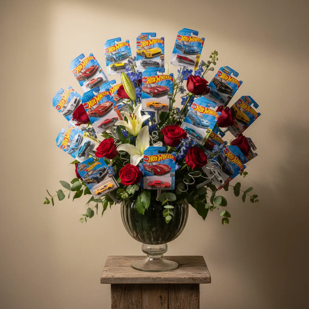 Properly balanced toy car bouquet structure illuminated by warm light