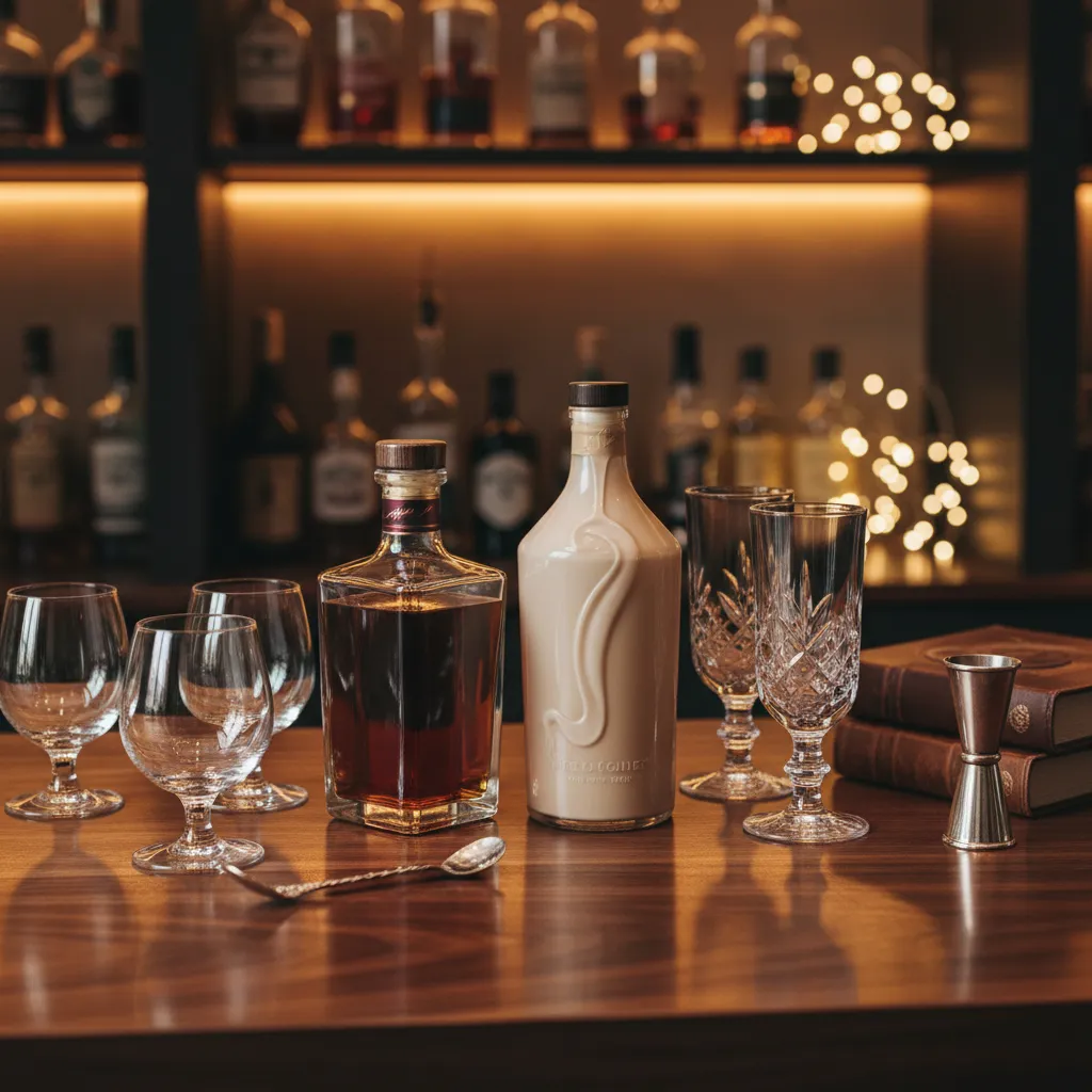 Pouring Baileys and whiskey into a glass on a home bar