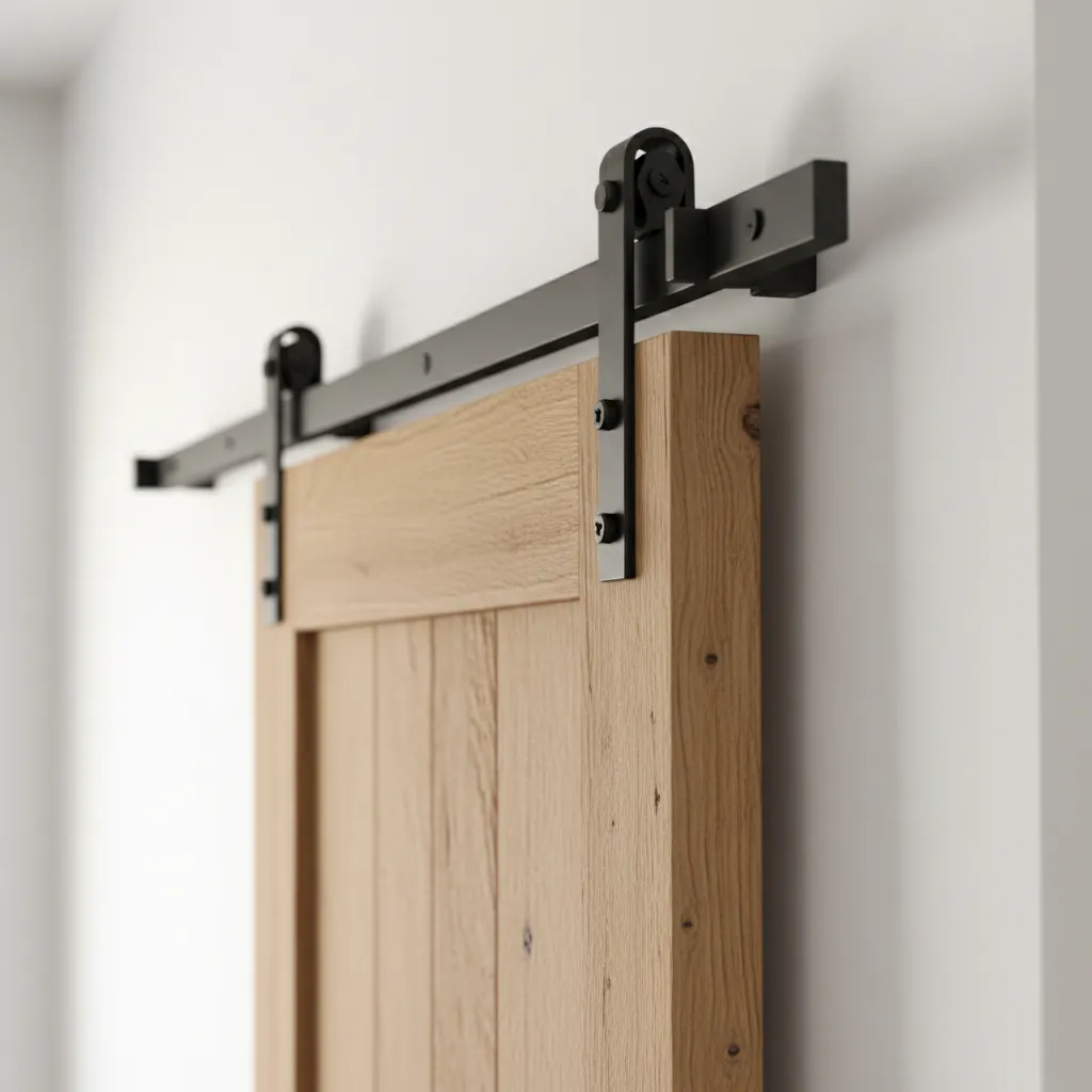 Matte black sliding barn door hardware and reclaimed oak wood door