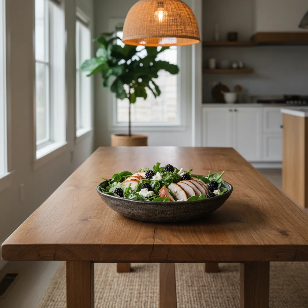 Dark ceramic bowl with smoked chicken and blackberry salad on a rustic table