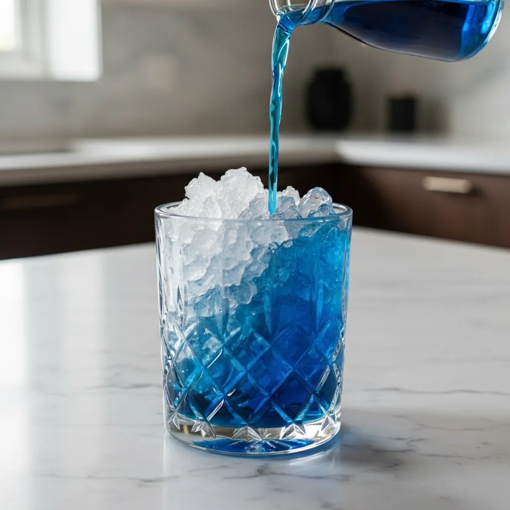 Crystal glass filled with crushed ice and vibrant blue beverage on a marble counter