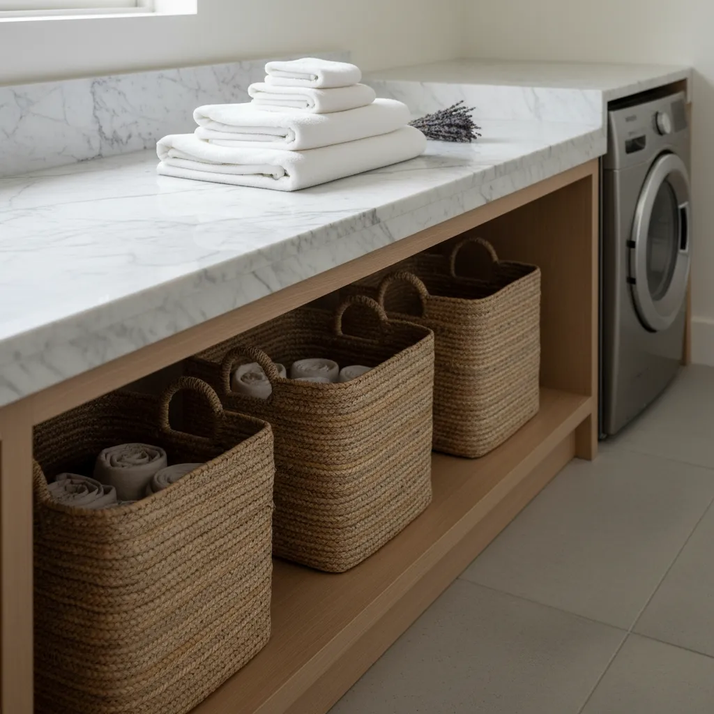 Sleek marble folding counter in a well-lit laundry room showing exact spatial proportions