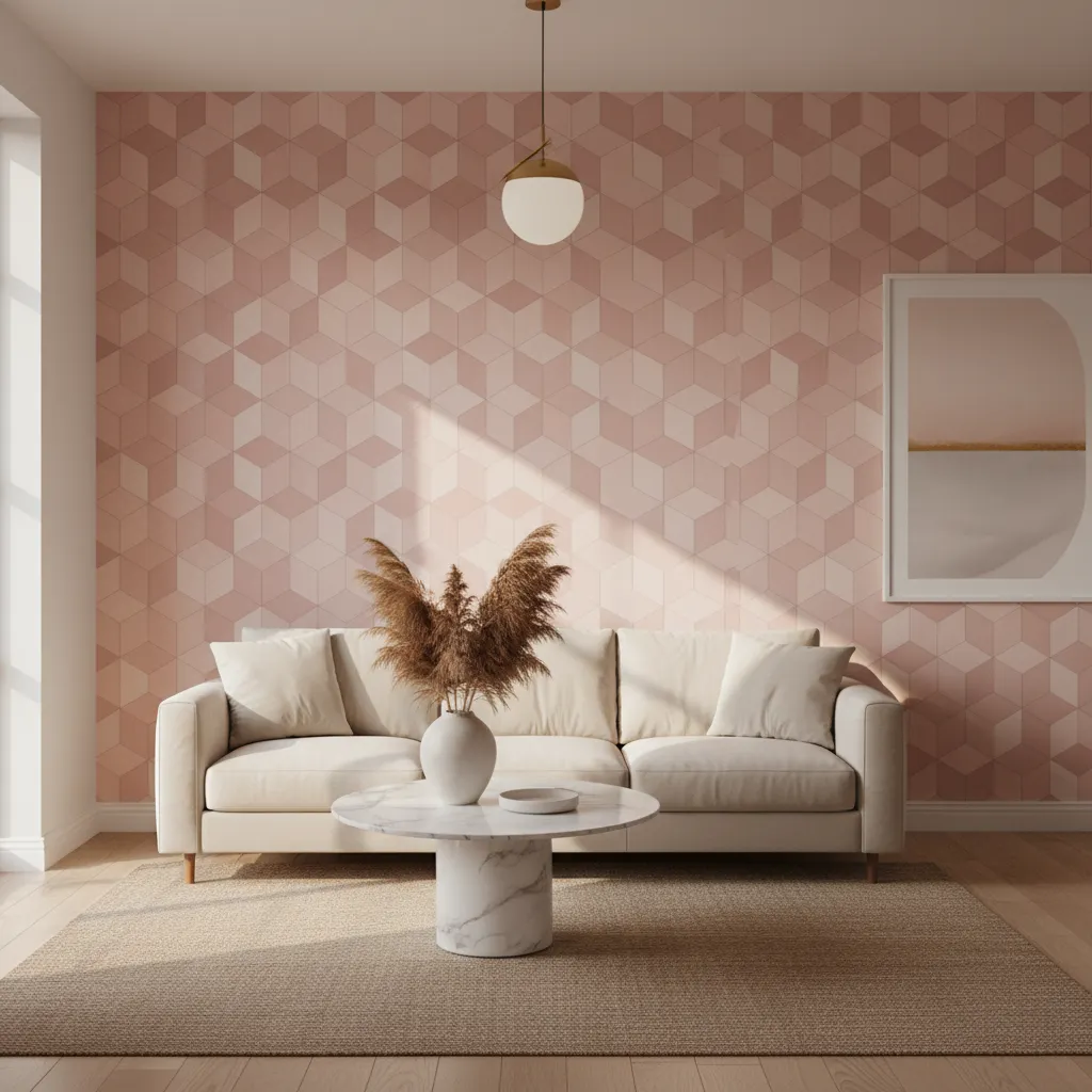 Modern blush pink geometric peel and stick wallpaper accent wall in a luxury rental apartment