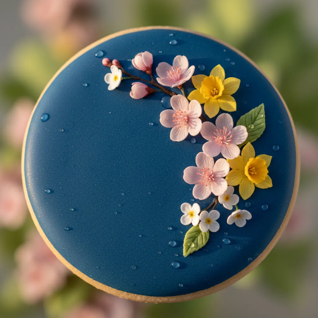 Detailed macro of botanical icing finish on baby in bloom cookie