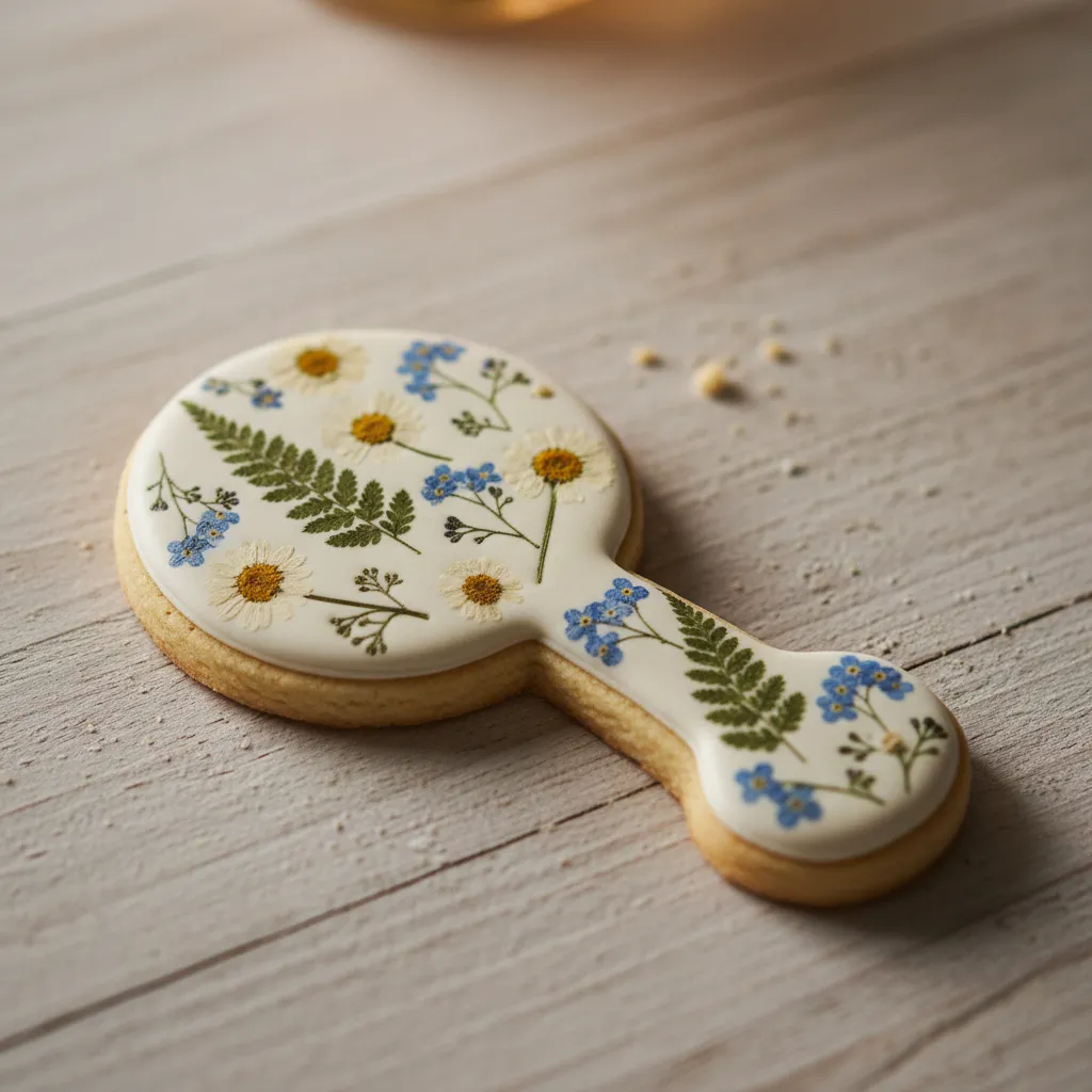 Elegant baby rattle cookie with botanical icing details on wooden table