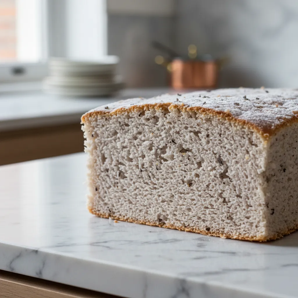 Close up of earl grey sponge cake texture on marble surface